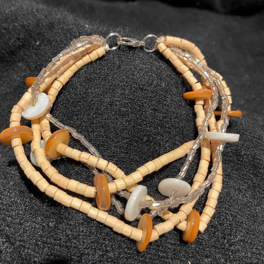Wood and bead layered bracelet, approximately 8 1/2 inches long
